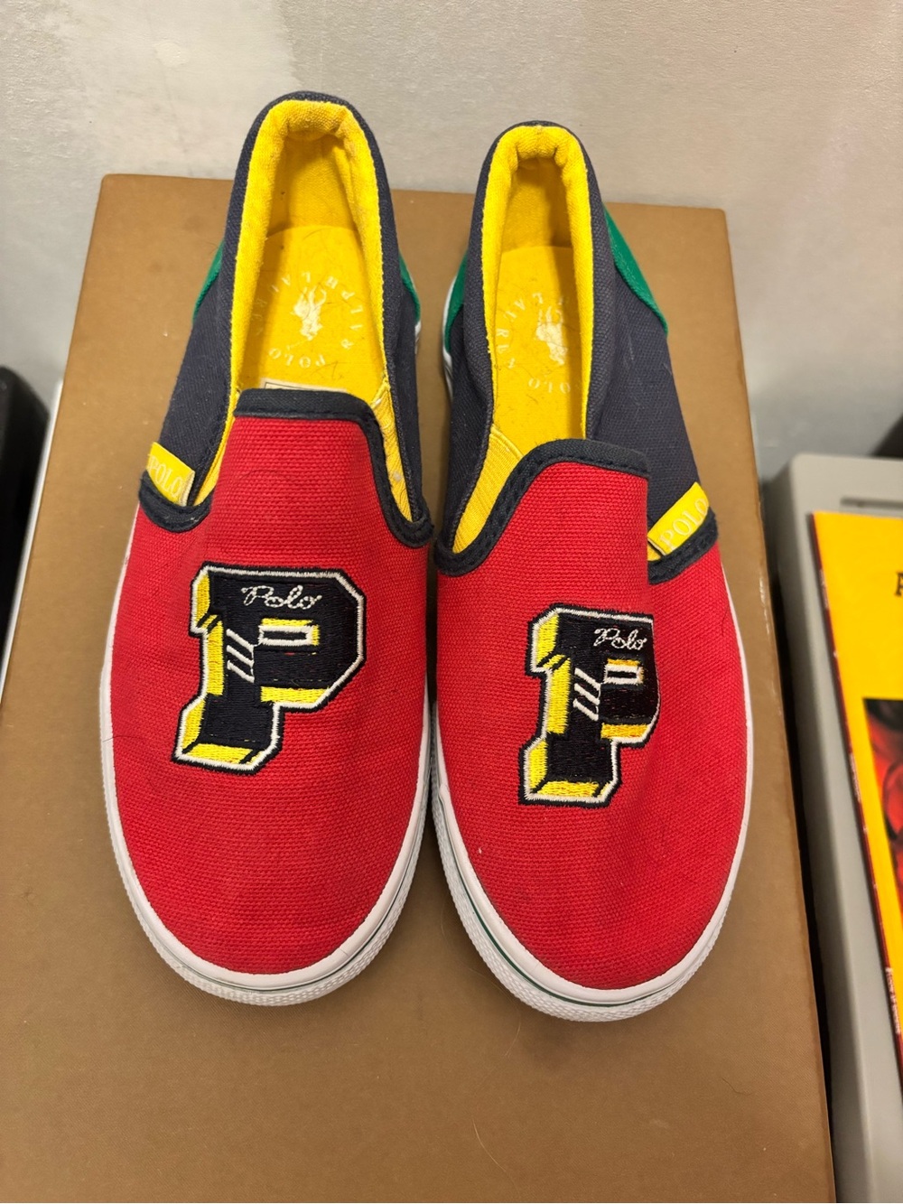 Polo by Ralph Lauren Kids Red Canvas Slip-On Sneakers with Yellow Trim